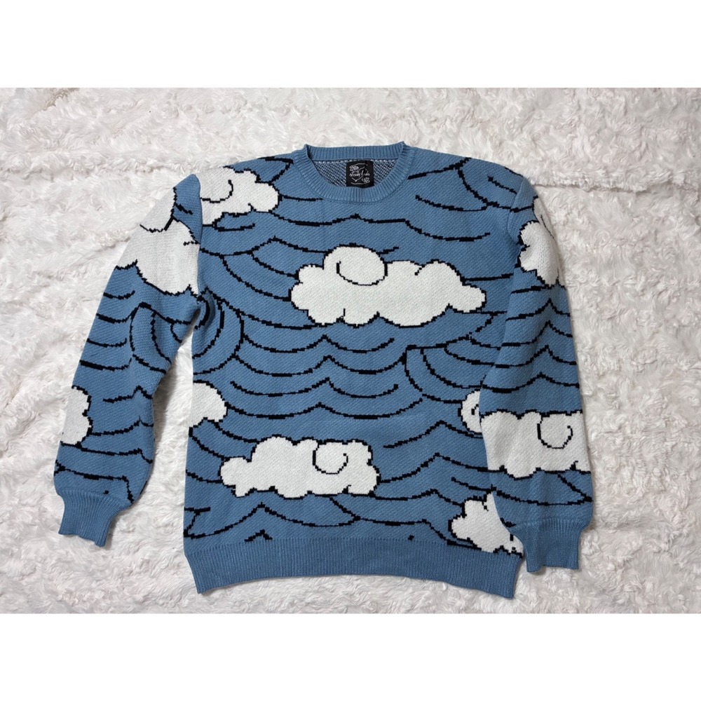 Steady Hands Cloud Wave Knit Sweater Blue White Crewneck S/M Streetwear Indie